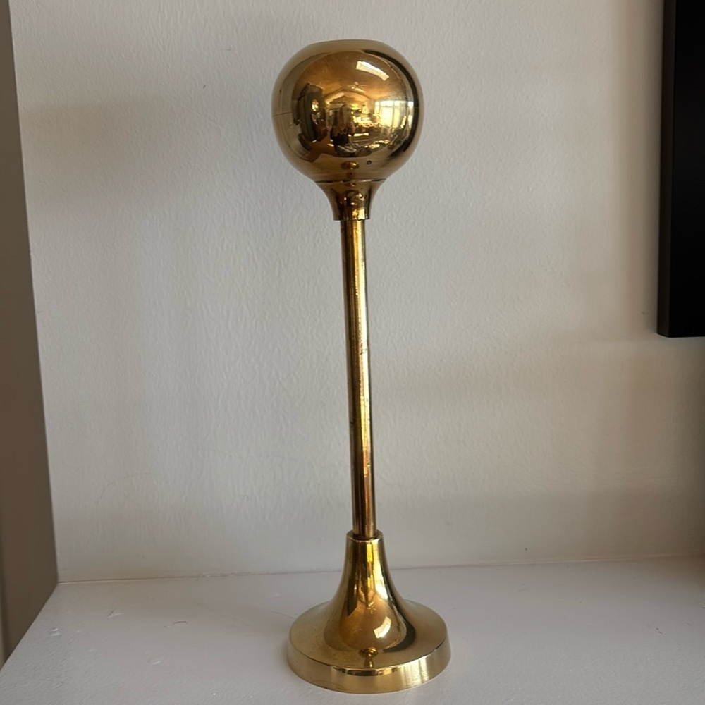 Brass Ball Top Candle Holder Gold Brass Finish 11” Tall MCM Minimalist Vintage